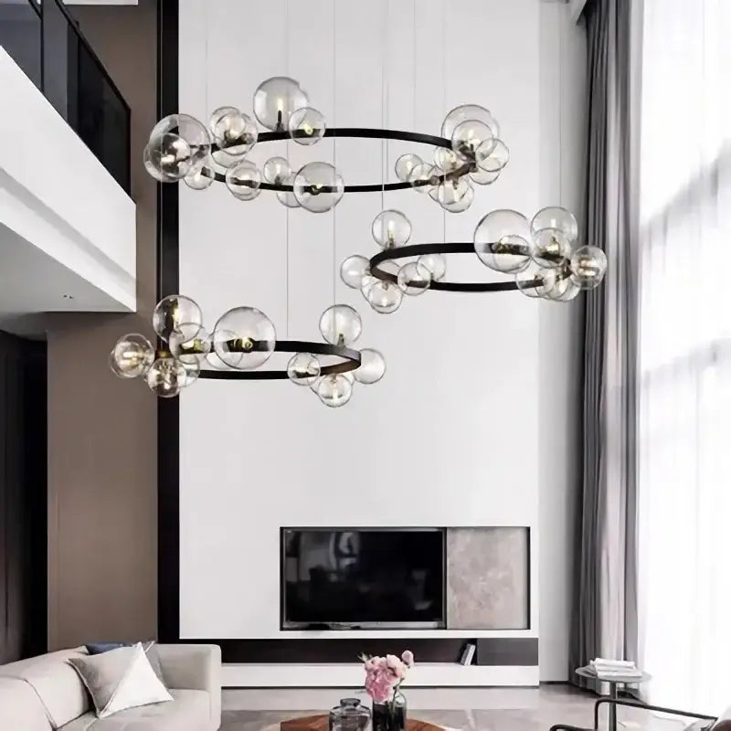Modern black glass ball led chandelier with glass ball bulbs and black metal rings for dining room lighting
