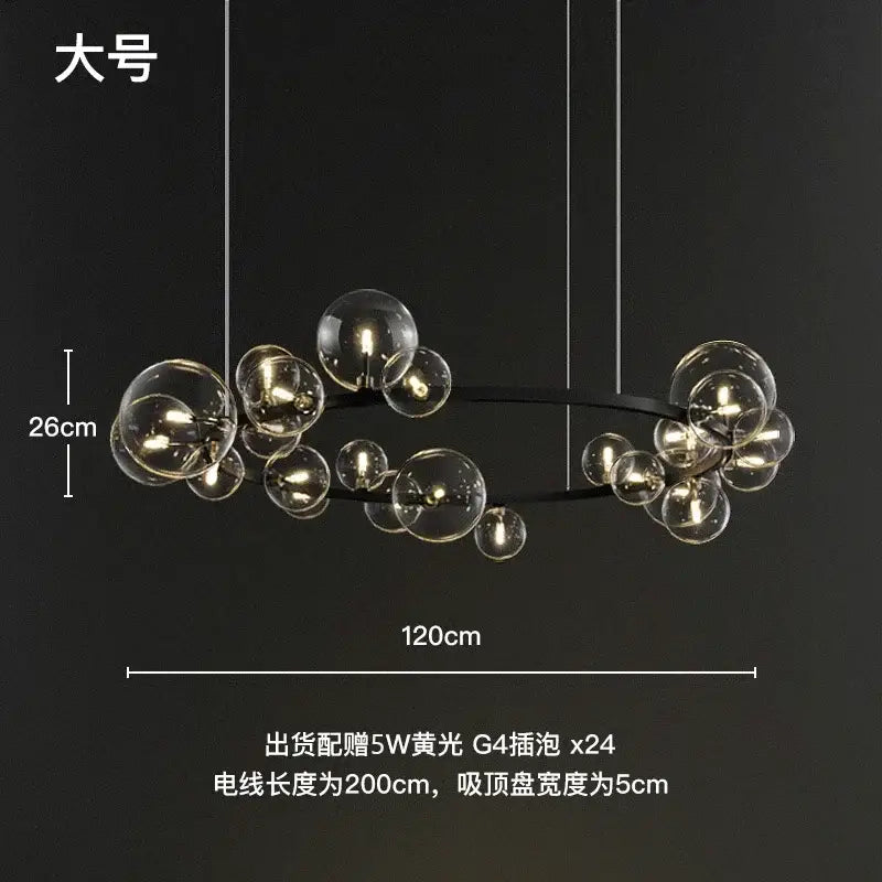 Modern black glass ball led chandelier with sleek metal frame and warm yellow bulbs for dining room lighting