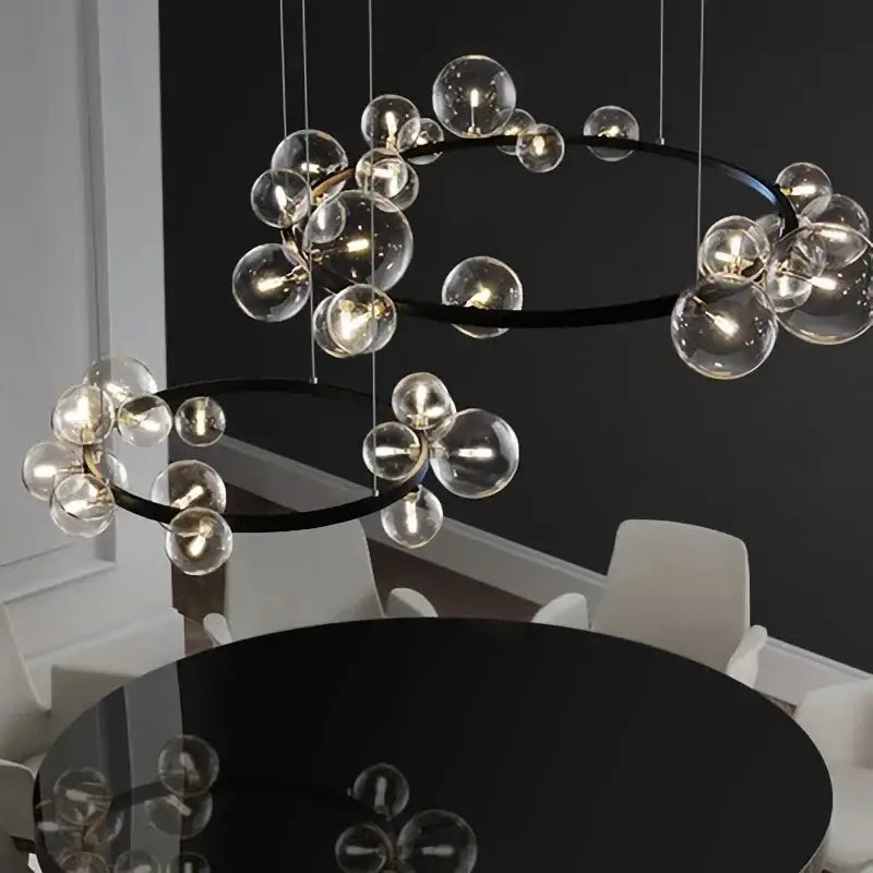 Modern black glass ball led chandelier with clear glass globe bulbs for dining room lighting