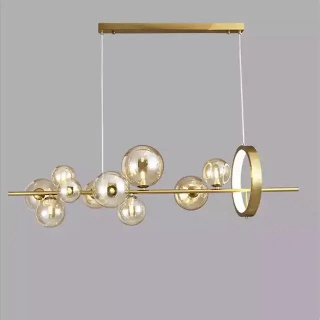 Modern black glass ball led chandelier with gold-toned horizontal bar and glass spheres for dining room lighting