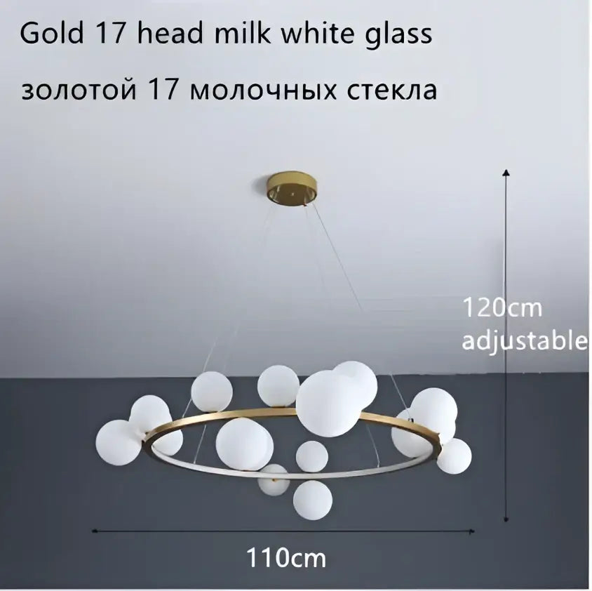 Modern gold-toned ball led chandelier with 17 milk white glass ball orbs for dining room lighting