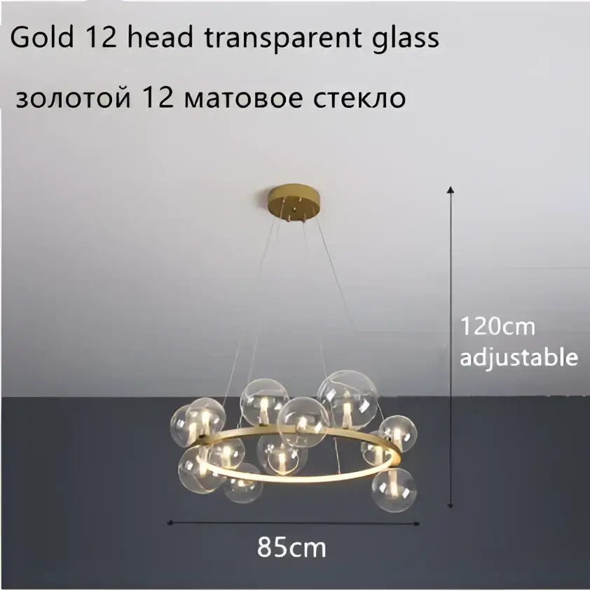 Modern black glass ball led chandelier with twelve gold-toned glass ball lights for dining room lighting