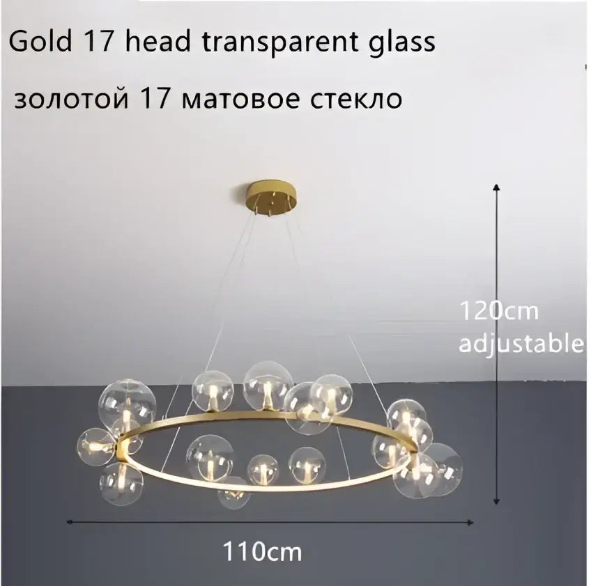 Modern gold-toned ball led chandelier with circular frame and transparent glass ball bulbs for dining room