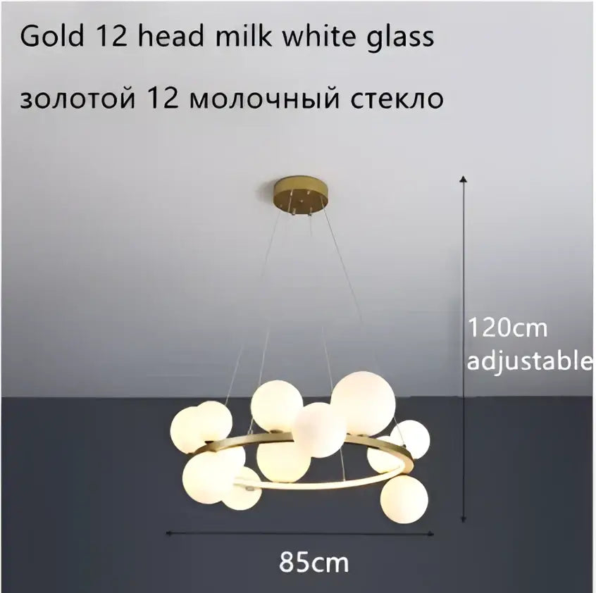 Gold-toned ball led chandelier with twelve milk white glass ball globe lights for modern dining room lighting