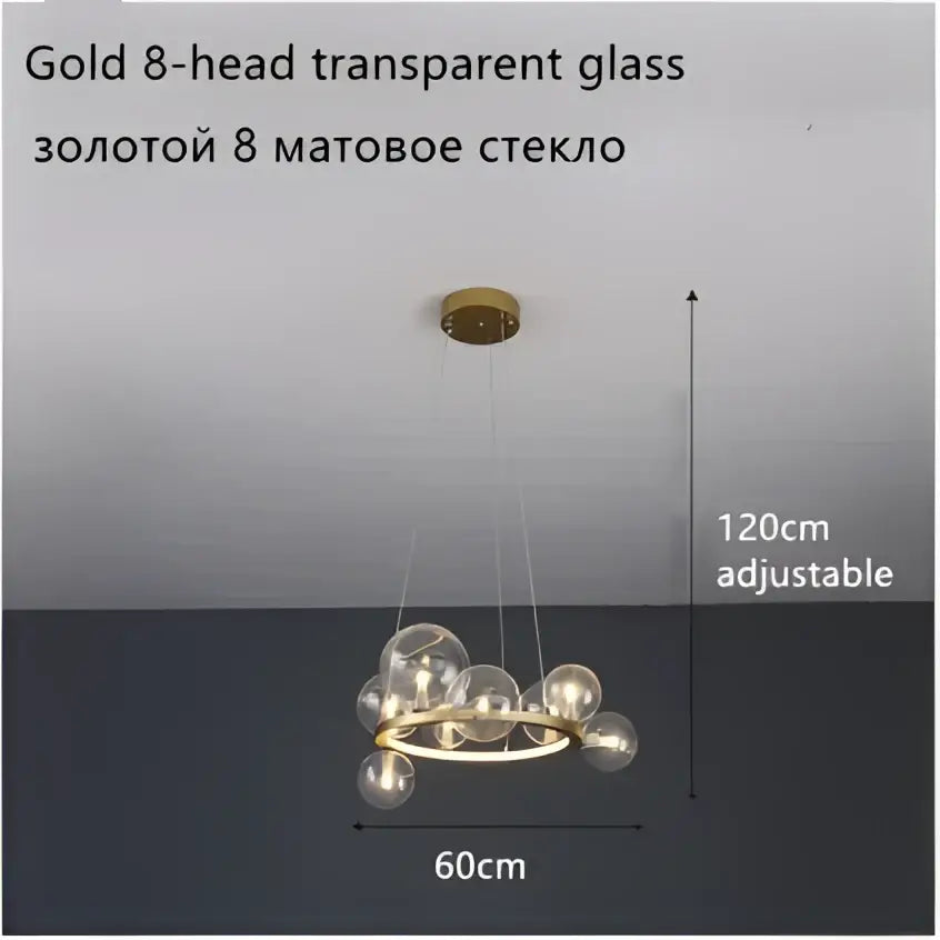 Modern black glass ball led chandelier with eight gold-toned glass ball led spheres for dining room lighting