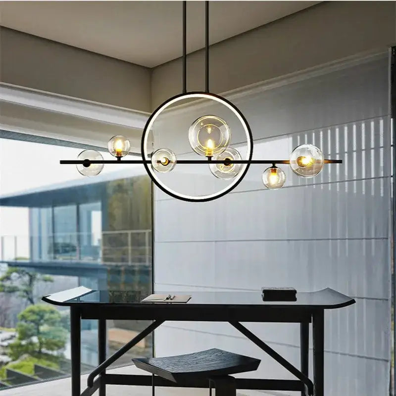 Modern black glass ball led chandelier with clear glass globe bulbs and circular frame for dining room lighting decorbites glass ball