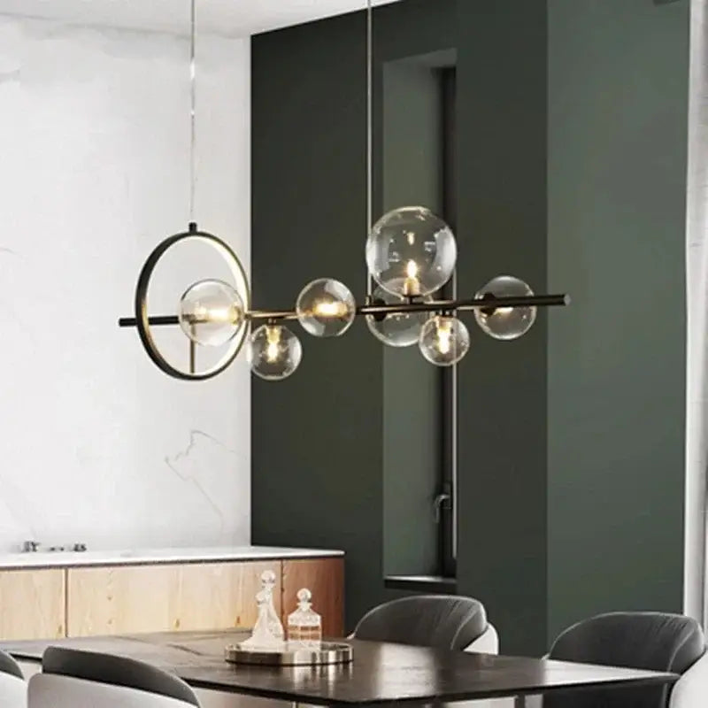 Modern black metal ball led chandelier with clear glass ball bulbs and circular accent for dining room lighting