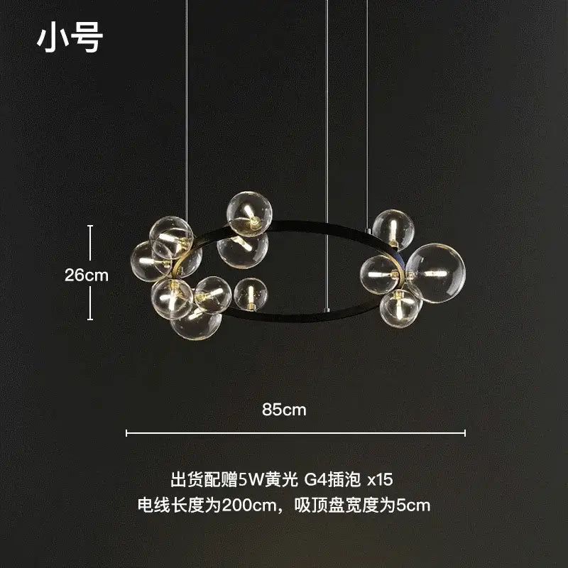 Modern black glass ball led chandelier with clear glass globe bulbs in a circular cluster design for dining room lighting