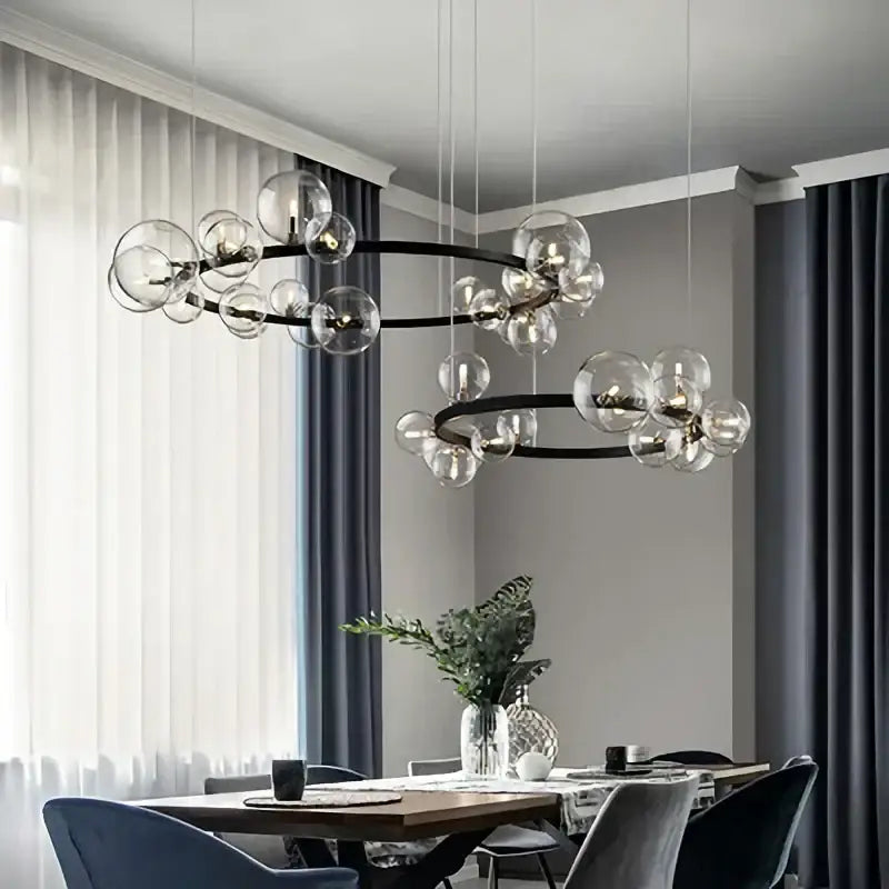 Modern black metal ball led chandelier with clear glass ball bulbs for dining room lighting