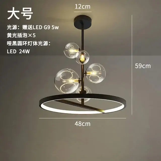 Modern black glass ball led chandelier with five clear glass globe bulbs and circular led ring base for dining room