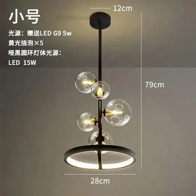 Modern black glass ball led chandelier with five clear glass globe bulbs and circular led ring base for dining room