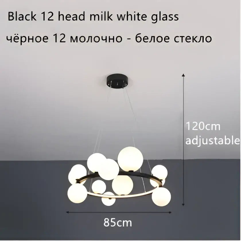 Modern black metal ball led chandelier with twelve milk white glass balls arranged in a circular pattern for dining room