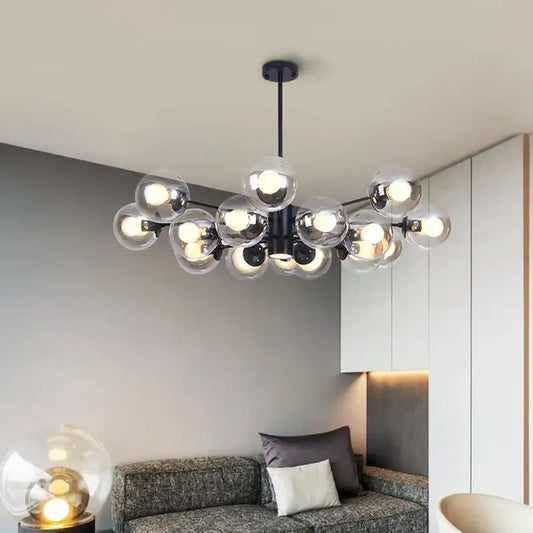Modern black glass ball led chandelier with multiple clear glass globe bulbs for dining room decorbites glass ball design