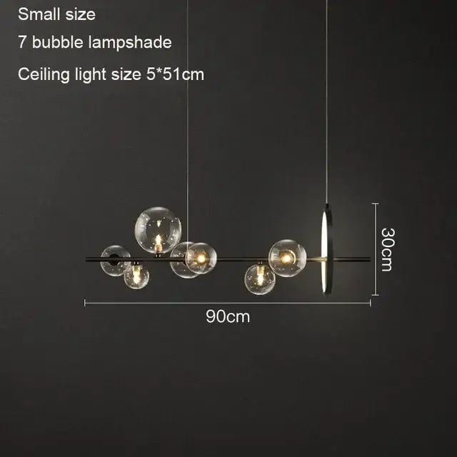 Modern black glass ball led chandelier with seven clear glass ball lampshades and one circular accent for dining room