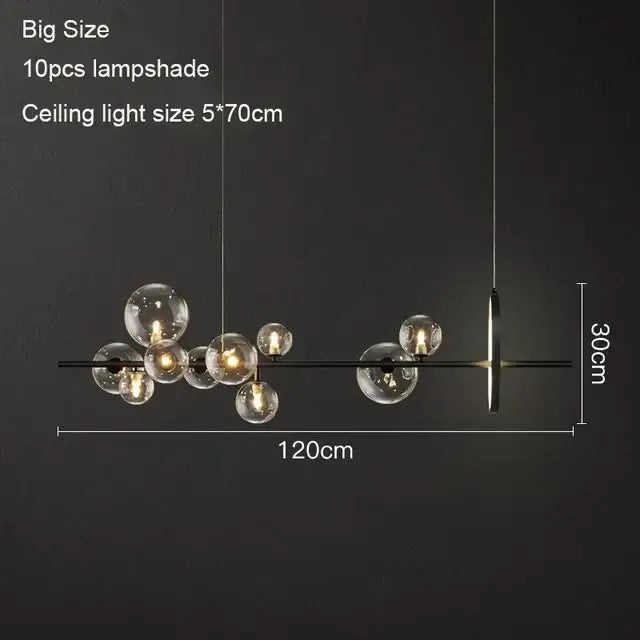 Modern black glass ball led chandelier with ten clear glass ball lampshades in sleek metal frame for dining room lighting