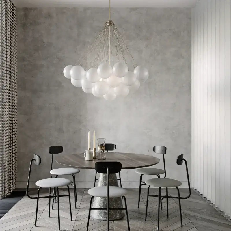 Modern black glass ball led chandelier with translucent white spherical bulbs suspended on a metallic frame for living room decorbites glass ball