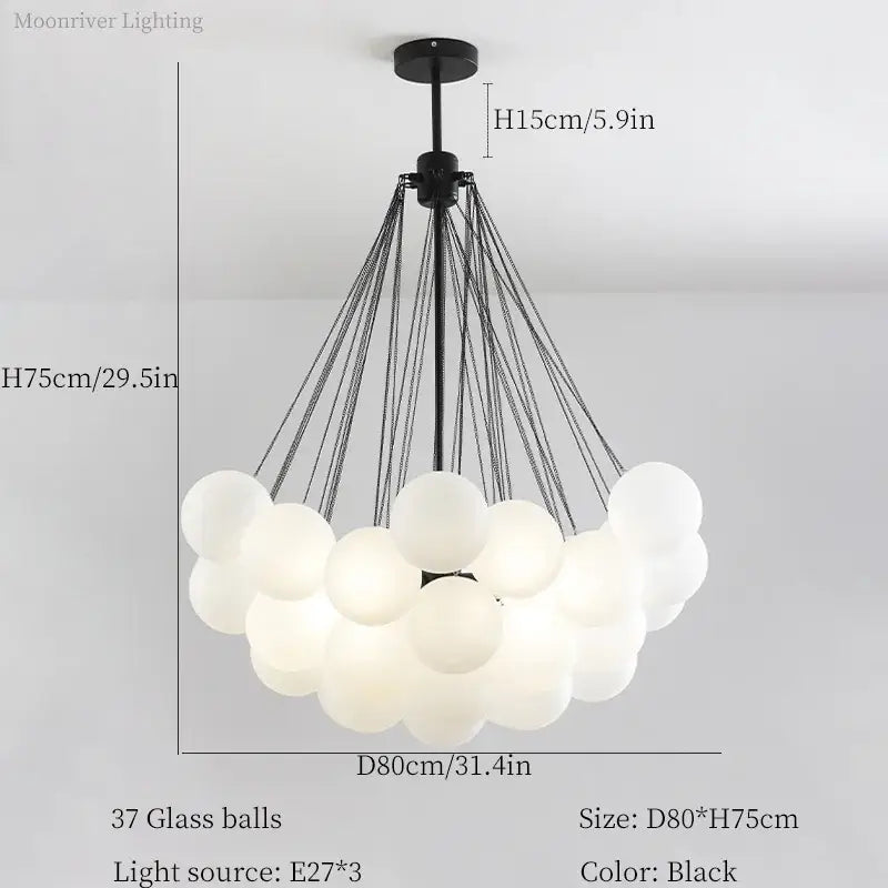 Modern black glass ball led chandelier with 37 frosted spheres suspended by thin cords for living room decorbites glass ball