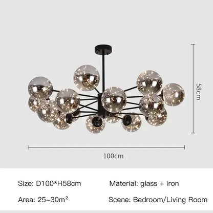 Modern black iron chandelier featuring reflective silver glass spheres as a decorbites black glass ball led fixture