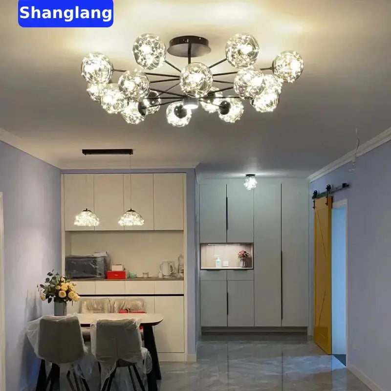 Modern black glass ball led chandelier with clear hand-blown glass ball led lampshade and copper wire decorbites black glass