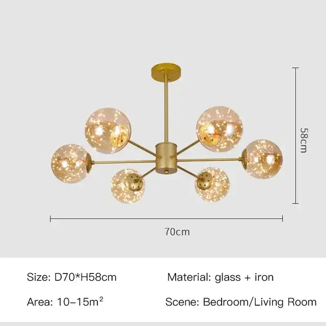 Modern black glass ball led chandelier with six gold-toned spherical globes featuring warm led lights for luxury decorbites decor