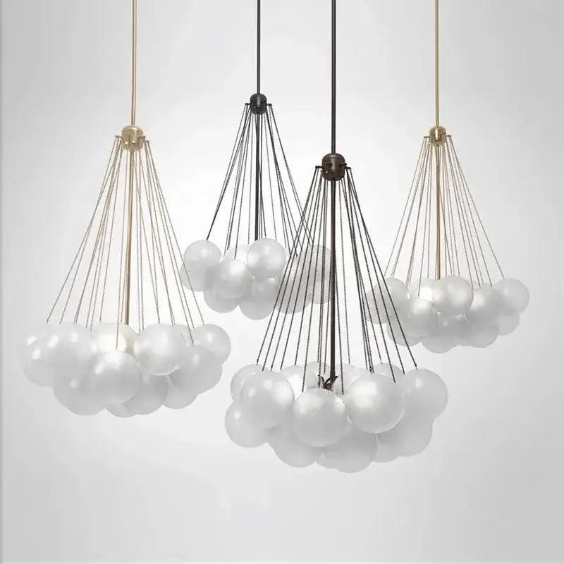 Modern black glass ball led chandelier featuring cloud-shaped frosted glass spheres with brass and black metal frames decorbites glass ball