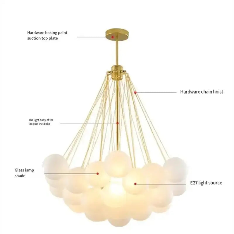 Modern black glass ball led chandelier with gold finish and frosted glass lamp shades in a cloud-like cluster decorbites glass ball