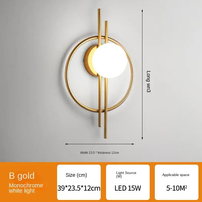 Modern gold-toned wall lamp with circular frame and vertical rods featuring led glass ball light decorbites glass ball led