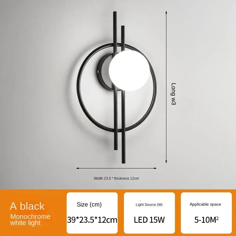 Modern black glass ball led wall lamp with minimalist circular frame and vertical rods for living room decorbites glass ball