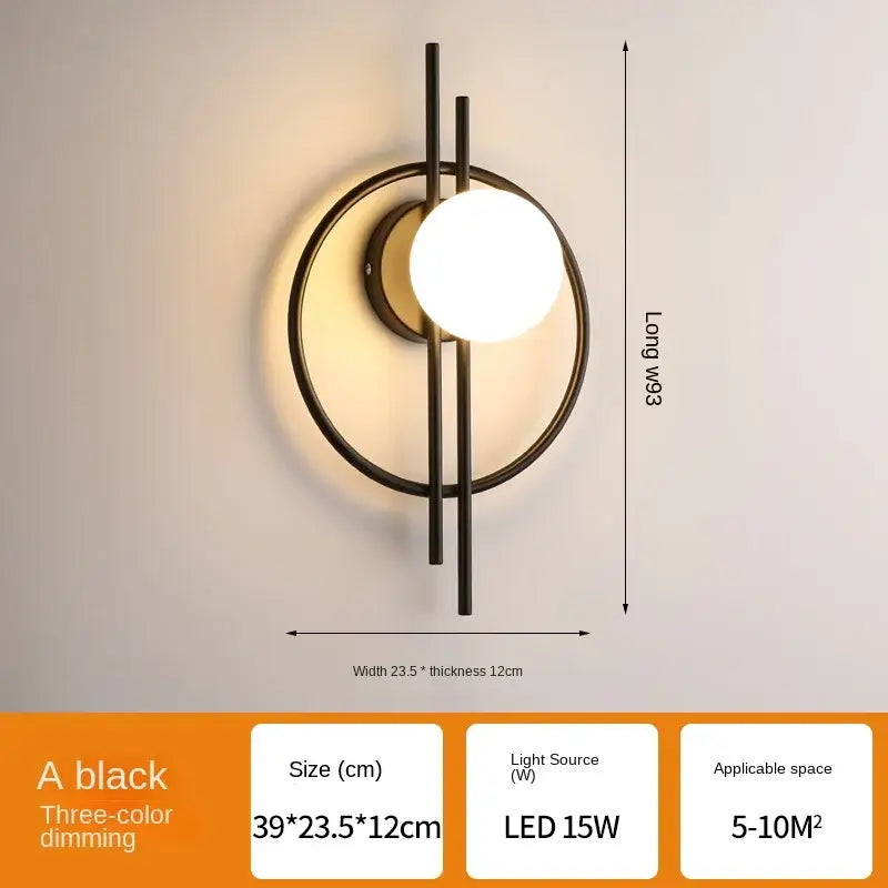 Modern black glass ball led wall lamp with circular frame and vertical rods as decorbites glass ball wall lamp for living room