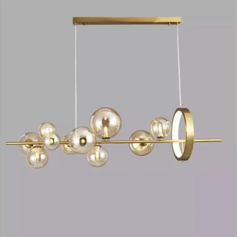 Modern black glass ball pendant lamps chandelier with gold-toned horizontal bar, glass spheres, and integrated ring light