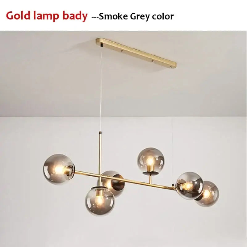Modern chandelier pendant light with gold-toned frame and five smoke gray glass globe shades decorbites glass ball design