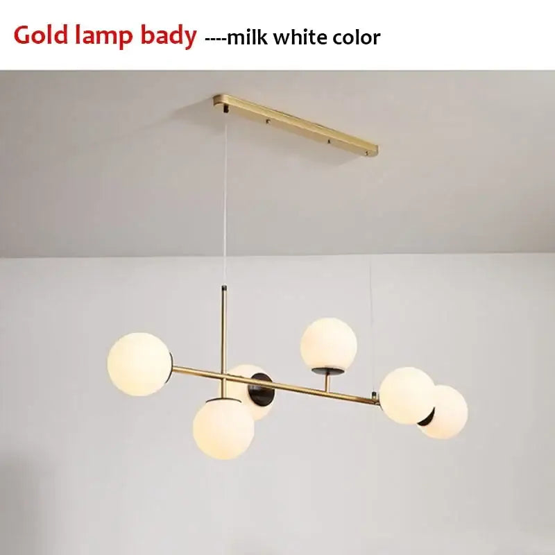 Modern gold-toned pendant light with five milk-white glass shades in branching design for decorbites glass ball chandelier