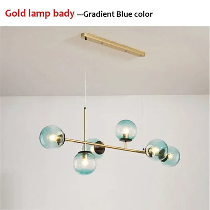 Modern chandelier pendant light with gold metal frame and gradient blue decorbites glass ball shades for living room