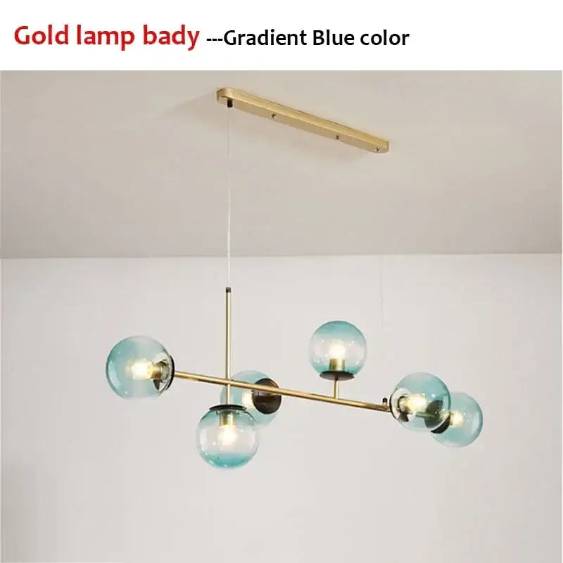 Modern chandelier pendant light with gold metal frame and gradient blue decorbites glass ball shades for living room