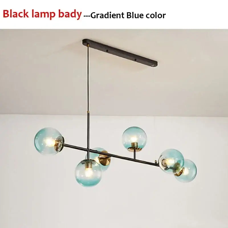 Modern black metal pendant light with five translucent gradient blue glass spheres for living room decorbites chandelier
