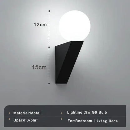 Modern black metal wall sconce with a white glass ball wall lamp ideal for bedroom lighting