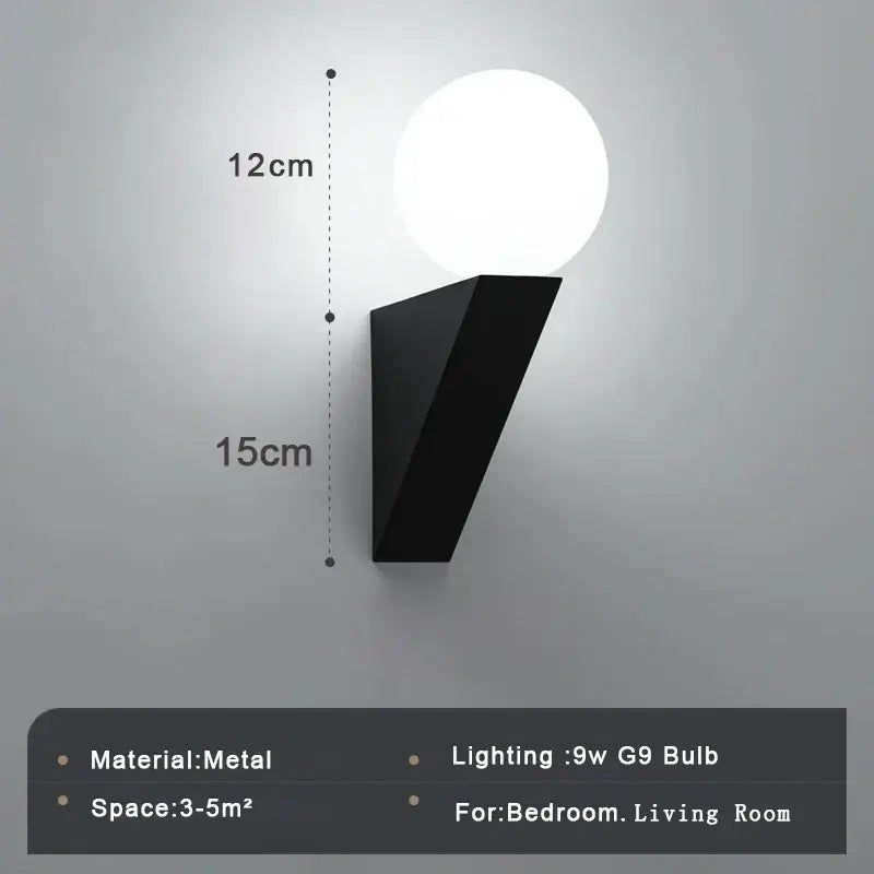 Modern black metal wall sconce with a white glass ball wall lamp ideal for bedroom lighting