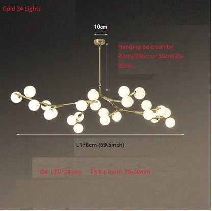 Modern black glass balls led chandelier featuring a gold-toned branch design with 24 frosted glass globe lights