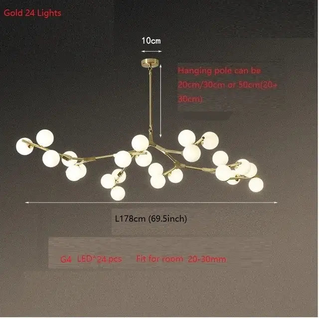 Modern black glass balls led chandelier featuring a gold-toned branch design with 24 frosted glass globe lights