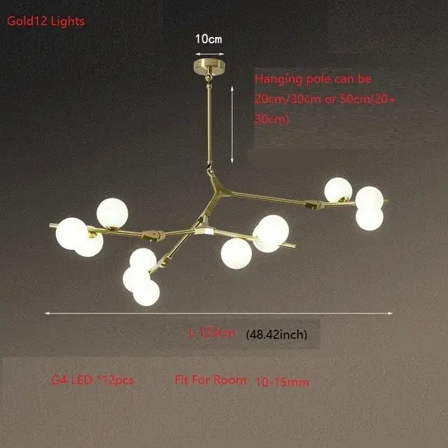 Modern gold-toned decorbites glass balls led chandelier with twelve frosted globes for living room pendant lighting