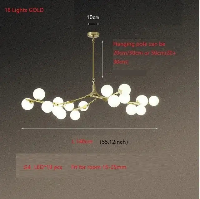 Modern black glass balls led chandelier with 18 white glass globe lights in a gold-toned branching decorbites glass balls design