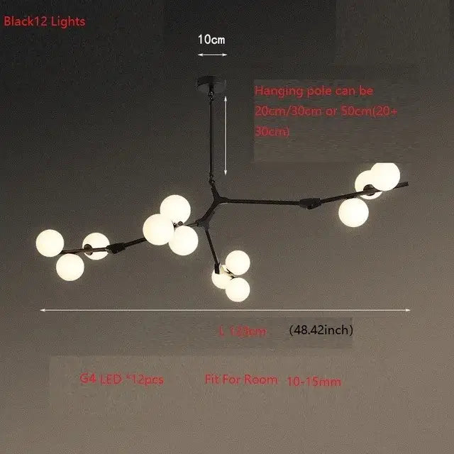 Modern black glass balls led chandelier with 12 white spherical bulbs and sleek black metal frame for living room decorbites glass balls