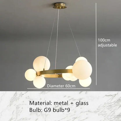Modern gold-toned metal chandelier with frosted glass globe bulbs in a circular cluster glass bubble chandelier design