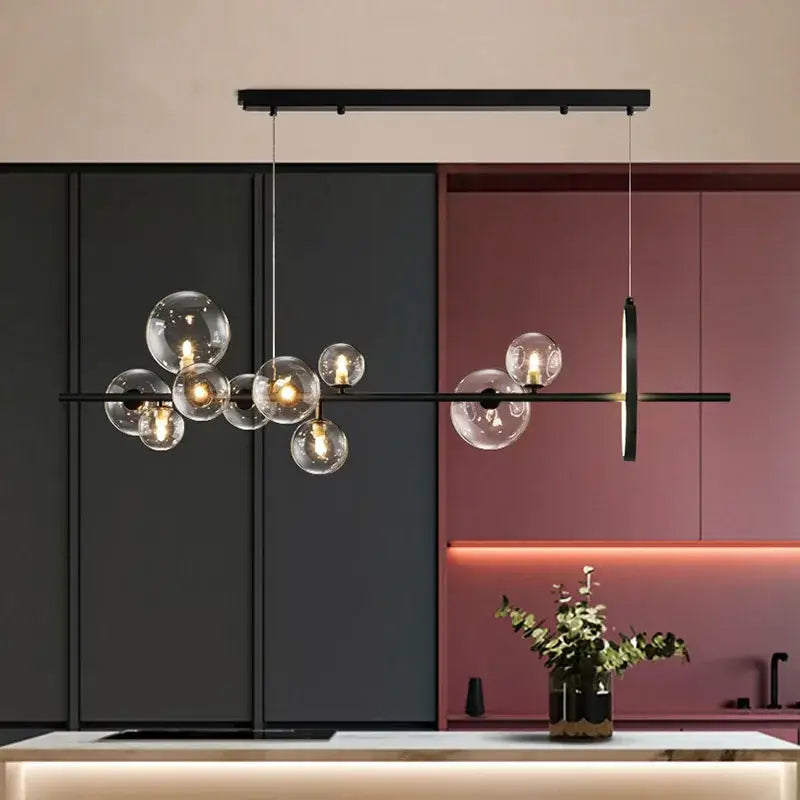 Modern black glass bubble chandelier with clear glass bubble bulbs and sleek horizontal bar for dining room decorbites clear glass
