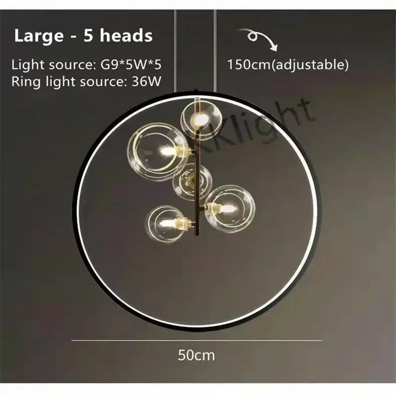 Modern black decorbites glass bubble chandelier with five clear glass globes and sleek frame for dining room lighting