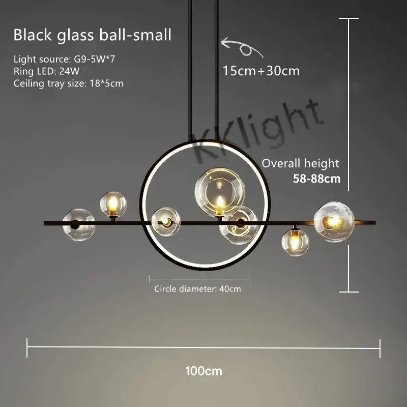 Modern black glass bubble chandelier with spherical bulbs and circular frame for dining room decorbites glass bubble lighting