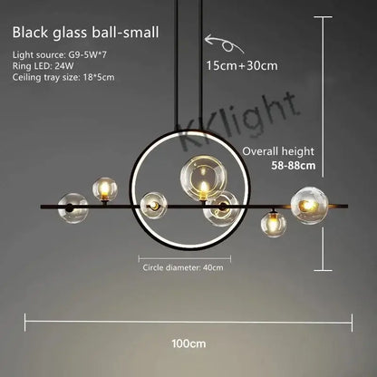 Modern black glass bubble chandelier with spherical bulbs and circular frame for dining room decorbites glass bubble lighting