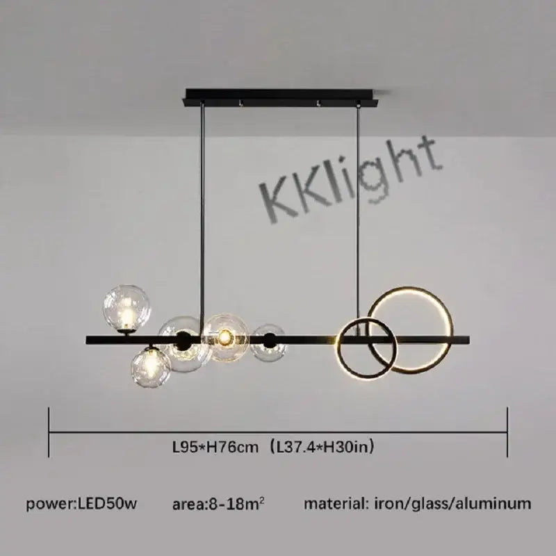 Modern black metal decorbites glass bubble chandelier with clear glass globe bulbs and illuminated led rings for dining room