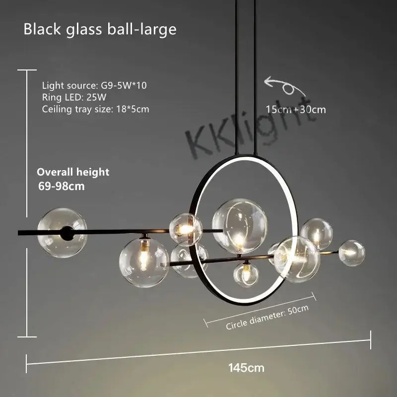 Modern black glass bubble chandelier with sleek circular frame and transparent bulbs for dining room decorbites glass pendant light