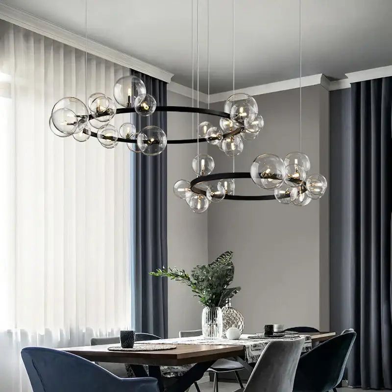 Modern black metal decorbites glass bubble chandelier with clear globe bulbs for dining room light with ring design
